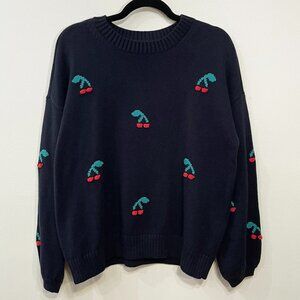 New Loft 100% Cotton Cherry Sweater Navy Blue Medium